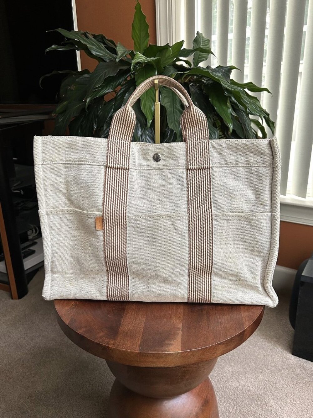 HERMES Canvas Herline Tote, Beige and Brown